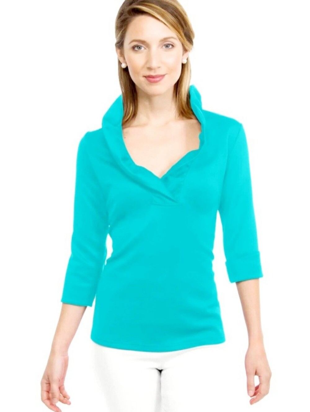 Gretchen Scott Turquoise Ruffle Neck Top Size Medium NEW NWT Preppy Resort